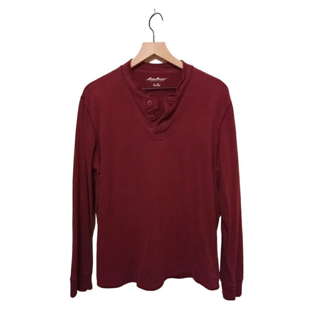 EDDIE Bauer Dark Red Long Sleeve Cotton Heritage Wash Henley Shirt Sz M